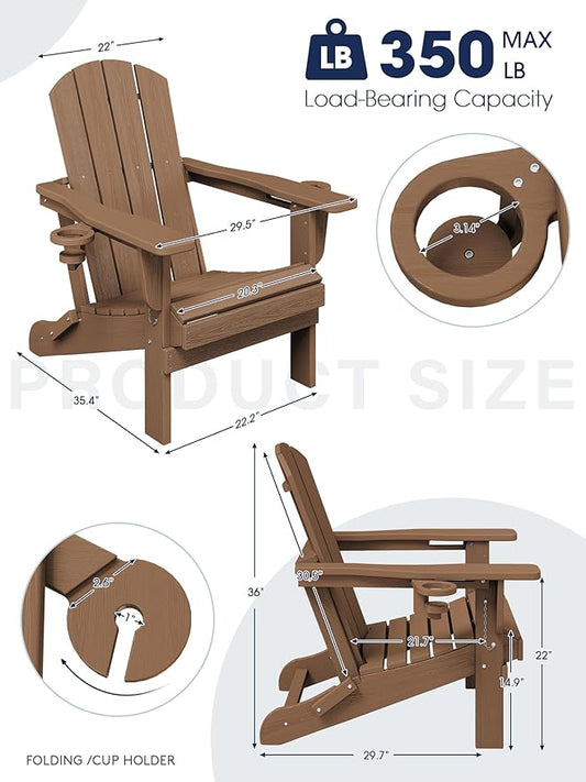 KINGYES Folding Adirondack Chair Set of 4, Dual Cup Holders & All-Weather HDPE, Wood-Like Patio Chair for Backyard, Camping, Pool & Fire Pit, Brown