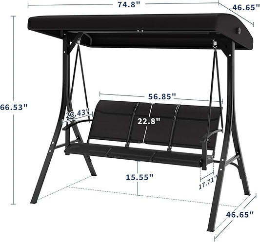 GAOMON 3-Seat Patio Swing Chair with Adjustable Canopy & Armrests, Breathable Textilene Fabric Seat & Backrest, Outdoor Porch Hanging Swing Bench for Garden, Poolside, Backyard – Black