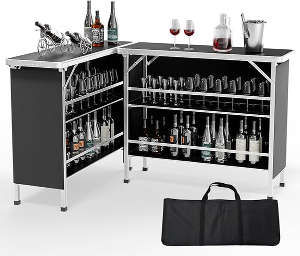 VINGLI 43" Portable Bar Table, 3-Tier Shelves, Carry Bag,Mobile Bar Table for Events, Party, Camping, Picnic, Tradeshow - Photo 1