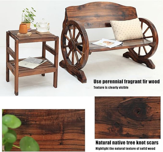 Outdoor Garden Bench, Rustic Wooden Wagon Wheel Bench Wheel Arms, w/Curved Backrest and Wide Armrest, 2-3 People Park Bench, Suitable for Backyard, Patio, Porch(A,55x21.6x31.1in)