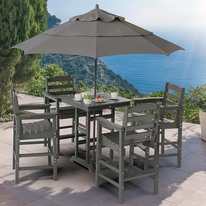 VINGLI 32" Outdoor Bar Table, HDPE Square Patio Bar Height Table with Umbrella Hole All Weather Tall Bistro Table for Patio, Garden, Poolside (Gray)