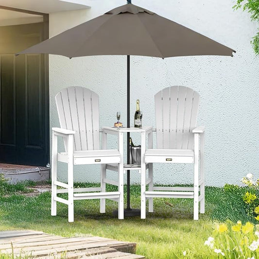 VINGLI Tall Adirondack Chairs Set of 2 with Dual Trays, All-Weather HDPE Outdoor BarStools Poly Deck Chairs for Patio, Poolside and Balcony (White)