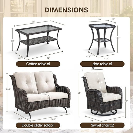 Patio Loveseat Glider Set, Resin Wicker Loveseat Glider with 2 Swivel Patio Chiars Coffee Table and Side Table, 5 Piece Patio Furniture Loveseat Set, Brown Wicker|Beige Cushions