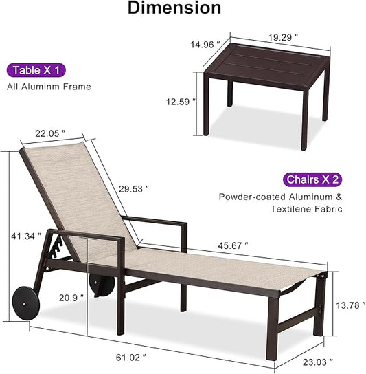 PURPLE LEAF Outdoor Chaise Lounge Chair Set of 2 with Armrests, Aluminum Patio Loungers with Wheels and Adjustable Backrest, Includes Side Table for Deck, Outside, Lawn, Garden, Beige
