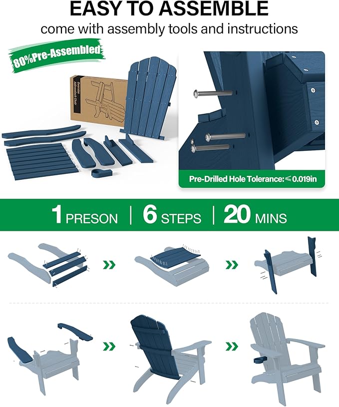 YEFU Oversized Plastic Adirondack Chair Set of 4 with Cup-Holder, Weather Resistant, Poly Lumber Outdoor Chairs Duty Rating Widely Used in Patio, Lawn, Outside, Deck, Garden Chair-Navy Blue