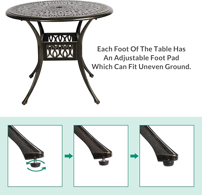 VIVIJASON 35.4" Outdoor Patio Dining Round Table Bronze Cast Aluminum Rustic Large Patio Table with Umbrella Hole