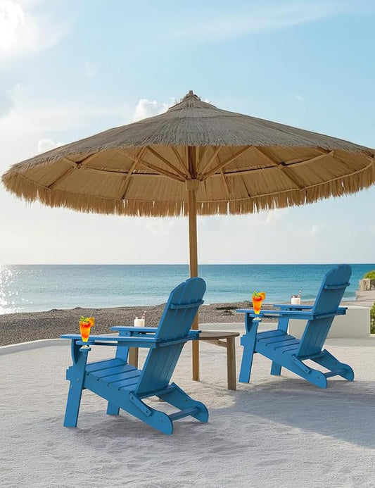 Folding Adirondack Chair, Wooden Textured Plastic Adirondack Chairs with 2 Cup Holder, Weather Resistant HDPE Fire Pit Chair, Outdoor Patio Chairs for Garden, Backyard, Lawn, Deck, 380LBS, Blue