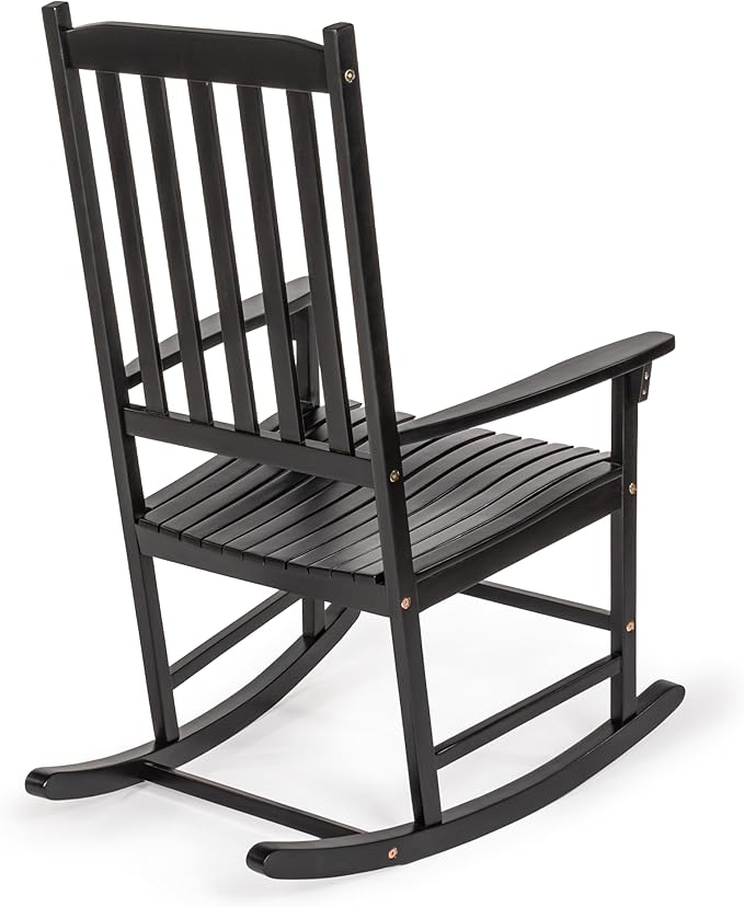 Eyely KCR300E Orvindar Farmhouse Classic Slat-Back 350-LBS Support Acacia Wood Outdoor Rocking Chair, Black