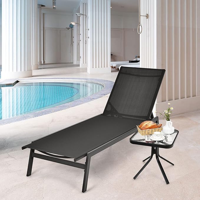 Giantex Chaise Lounge Chair Patio - Tanning Chair w/ 6 Position Adjustable Backrest, Breathable Fabric, Chaise Lounger for Outside, Poolside, Backyard, Lawn, Garden, Outdoor Lounge Chair (2, Black)