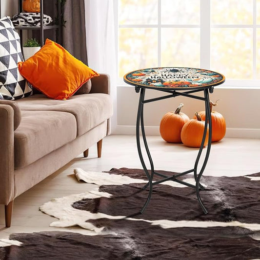 Metal Round Side Table & Plant Stand, 14" Diameter Indoor Outdoor Side Table, Weather Resistant Patio Table for Porch Yard Balcony, Easy Assembly