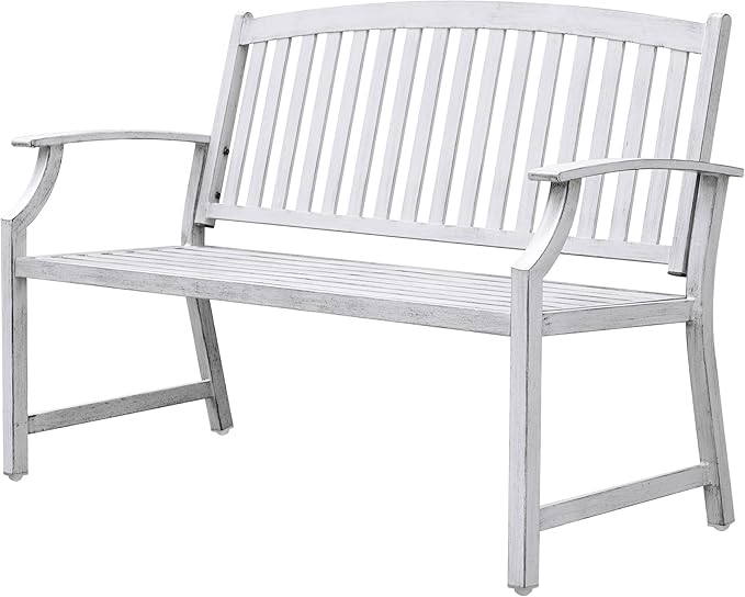 Grand patio 52" Farmhouse Outdoor Bench, Garden Benches with Rust Free Metal Powder Coated Frame and Aluminum Backrest, Faux Wood Grain Finish Frame Patio Bench for Front Porch,Gray-White