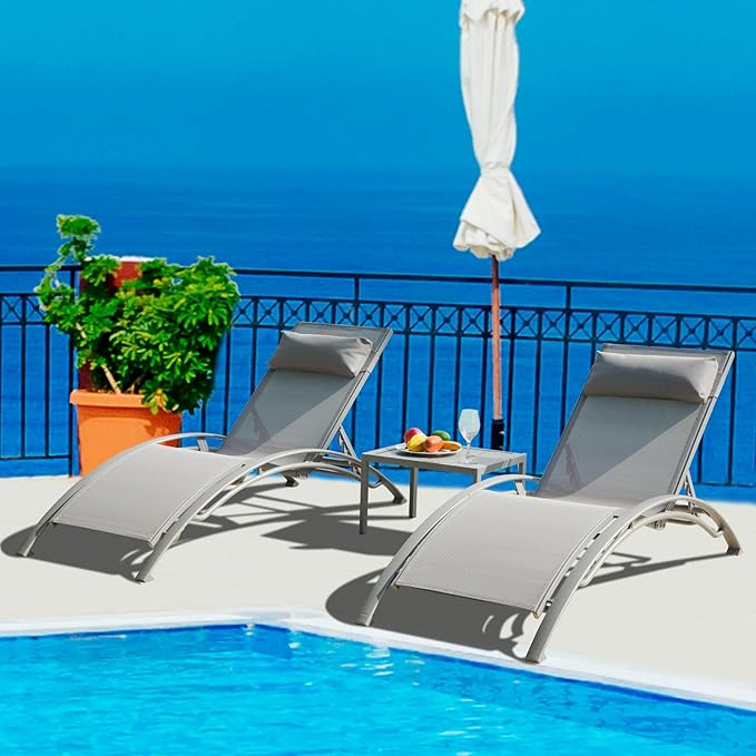 Domi Pool Lounge Chairs Set of 2 with Side Table, Aluminum Adjustable Outdoor Chaise Lounge, All Weather Poolside Chairs for Deck Lawn Poolside, Textilene (Grey)