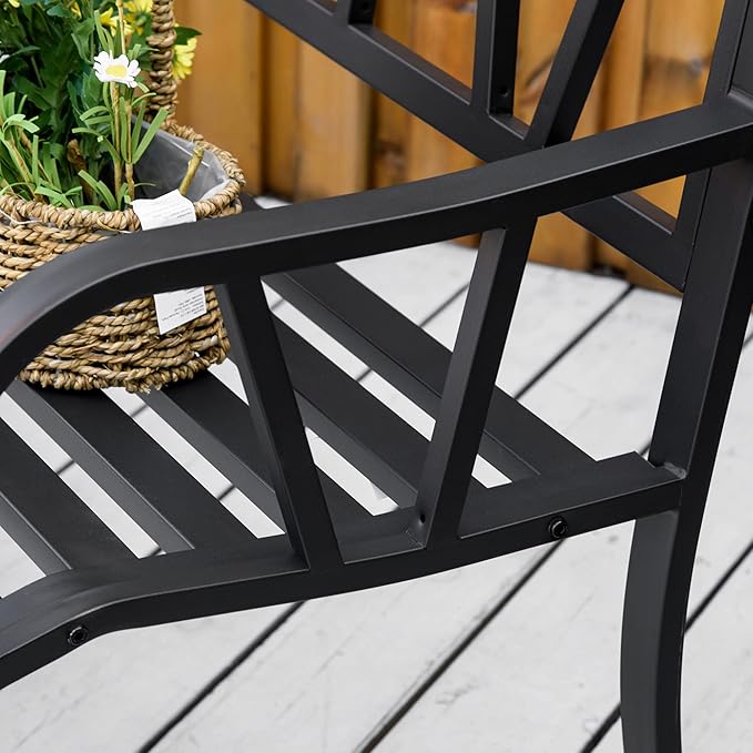 50" Metal Garden Benches for Outside, Front Porch Bench with Smooth Armrests, Patio Yard Benches with Slatted Seat for Outdoors Park/Entryway/Backyard (Black)