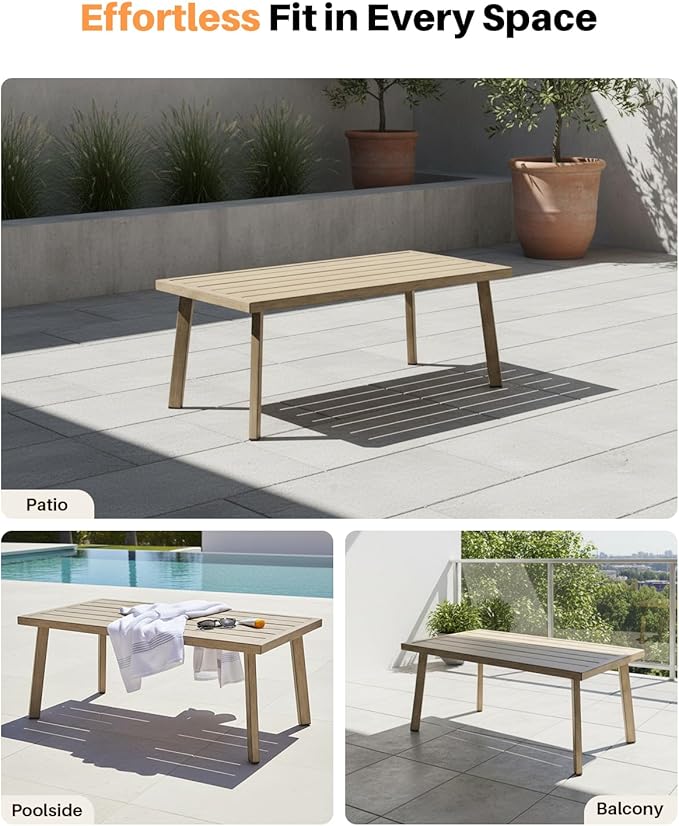 Patio Coffee Table, Never-Rust Aluminum Outdoor Coffee Table with Wood Grain Texture, Modern Rectangle Garden Coffee Table with Slatted Tabletop for Poolside, Decks, Indoor, Balcony, Gray Oak | Never-Rust, Wood Grain Texture, Slatted Tabletop