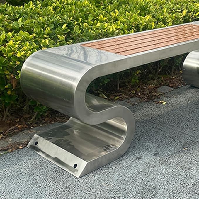 LITFAD Outdoor Indoor Bench Stainless Steel Metal Park Bench with Waterproof Brown Wood Seating Modern Garden Bench for Patio, Lawn, Yard, Porch - Type D 79" L x 16" W x 18" H