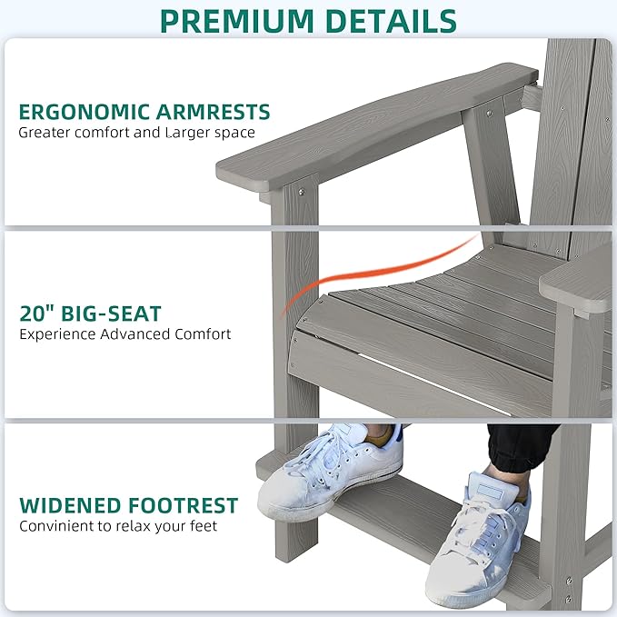 YITAHOME Tall Adirondack Chair, Poly Bar Height Balcony Seating, HIPS High Back Outdoor Chairs, Bar Stools Lifeguard Chair for Balcony Deck Pool Patio, Grey