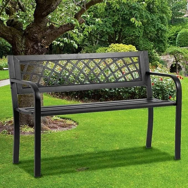 Garden Bench Patio Metal Bench Outdoor Park Benches Sturdy Steel Frame Cast Iron Front Porch Yard Furniture with Mesh - Photo 1