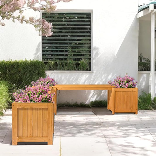 VINGLI Outdoor Wood Bench with Planter Boxes, 2-in-1 All-Weather Porch Bench Seat & Open-Ended Wooden Raised Garden Bed, for Balcony Yard Patio (1 Box + 2 Boxes)