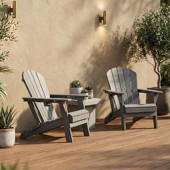 Kingdura Folding Adirondack Chairs Set of 2, Portable HDPE All Weather Resistant Outdoor Patio Chair, Wooden Textured with Cup Holder, 380LBS Capacity for Poolside, Backyard, Fire Pit (Grey)
