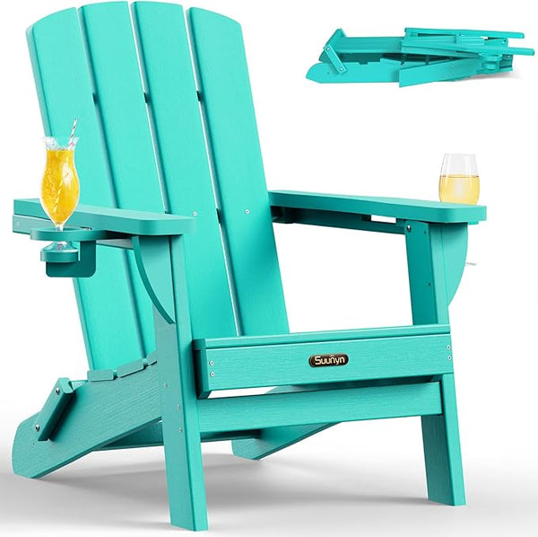 Folding Adirondack Chair, HDPE All-Weather Fire Pit Chairs, Plastic Adirondack Chairs with 2 Cup Holder - Photo 1
