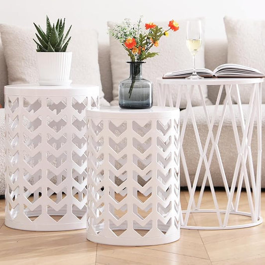 HFHOME Nesting Coffee Tables Set of 3, Industrial Metal Stacking Accent Side Tables Circle Table for Small Space, Living Room, Apartment, Bedroom Indoor - White
