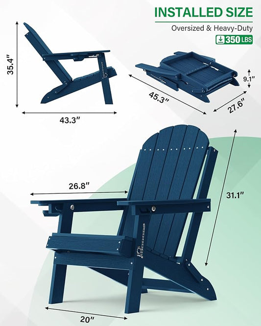 YEFU Adirondack Chairs Set of 2 for Outdoor: Folding Plastic Fire Pit Chair with Cup Holders & Adjustable Backrest - Sturdy All-Weather HDPE for Patio Lawn - Easy Assembly(Navy Blue)