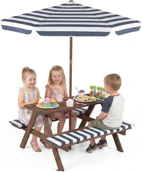 Costzon Kids Picnic Table, Wooden Toddler Outdoor Table & Bench Set with Removable Umbrella & Cushions, Stripe Fabric - Photo 1