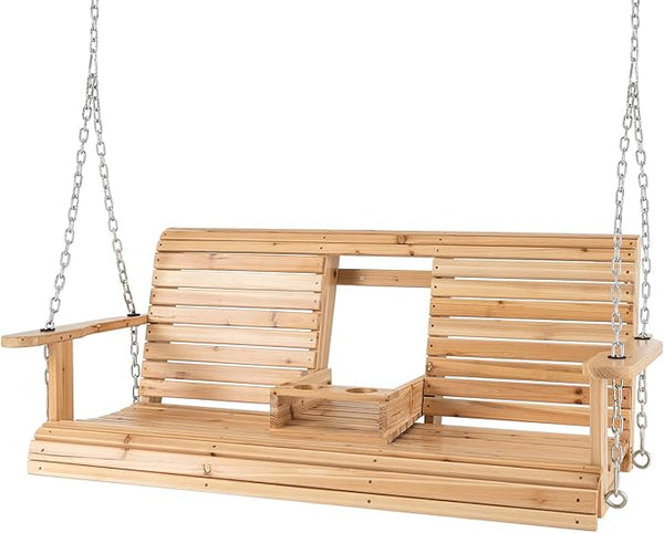 Tangkula 2 Person Hanging Porch Swing, Outdoor Bench Swing with Adjustable Chains, Foldable Cup Holders, High Back - Photo 1