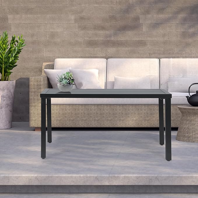 Athena Collection Small Outdoor Patio Coffee Table, 20 x 35 Retangular Metal Outdoor Patio End Table with Slatted Tabletop Waterproof for Indoor, Outside, Bistro, Balcony, Garden, Black