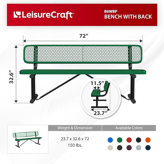 Leisure Craft Metal Outdoor Bench with Back - 6 Foot Heavy Duty Bench Seating for Garden, Porch, Picnic, Park, Expanded Metal, Thermoplastic Coating, Commercial Grade Furniture Made in USA - Green