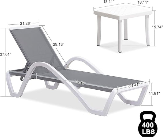 PURPLE LEAF Patio Chaise Lounge Chair Set of 3 Outside Aluminum Plastic Stackable Tanning Chairs with Armrests and Side Table for Pool Sunbathing Beach Deck Outdoor Lounger, Grey