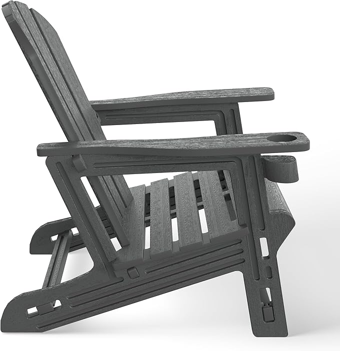 Costaelm Cayman Hardware-Free Assembly Outdoor Patio HDPE Poly Plastic Adirondack Chair with Cup Holder (Set of 2), Gray