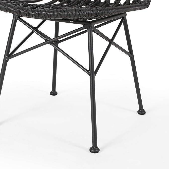 Christopher Knight Home Poppy Rattan Outdoor Dining Chairs Set of 2, Sturdy Metal Frame Patio Dining Chair Set for Backyard/Poolside, Slatted Armless Garden Chair, Sleek Open-Weave Design, Grey