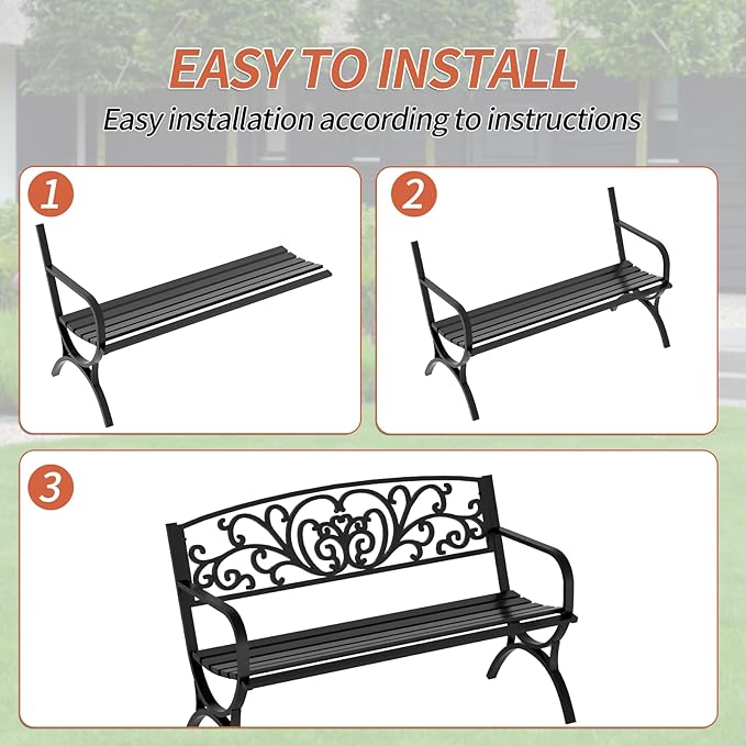 Outdoor Bench Patio Garden 50 Inches Metal Porch Furniture Loveseat, Front Porch Bench with Armrests Patterned Backrest Slatted Seat for Park, Porch, Yard, Lawn, Balcony, Black