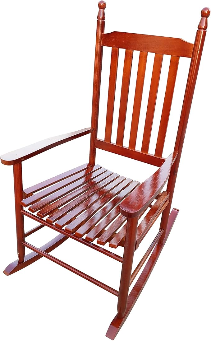 Wood Rocking Chair with High Back and Armrest for Indoor Outdoor Use, Wooden Frame Patio Porch Rocking Chair with Rocker, Front Porch Chairs for Deck Garden Lawn Balcony Backyard, Brown