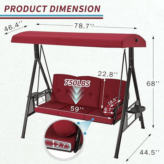 AECOJOY Outdoor Porch Swing, 3-Seat Porch Swing with Adjustable Canopy, Outdoor Swings for Adult with Burgundy Removable Cushions for Backyard, Garden, Yard, Poolside, Balcony