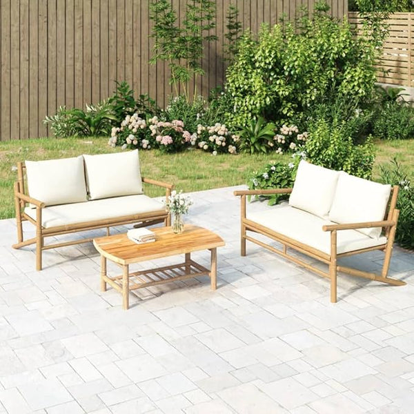 2-Seat Bamboo Patio Loveseat Outdoor Couch with Cream Cushions 29.5 x 45.3 in Rustic Balcony Seating Lightweight Garden - Photo 1