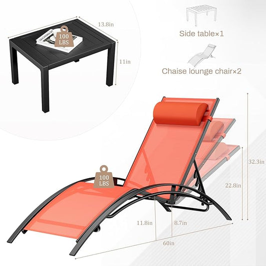 AthLike 3 pcs Poolchairs Patio Chaise Lounge Set with Headrest, 5-Level Adjustable Sunbathing Tanning Poolside Recliner Chairs with Side Table for Outdoor Beach (Orange)