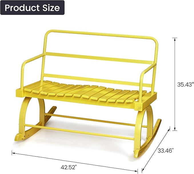 Gyabnw PHO_0Y15 Outdoor Rocking Chair-2-Person Capacity, Wide Seats, Comfortable Rocker for Patio, Garden, Porch, Sturdy & Durable,Yellow, Iron&Wood