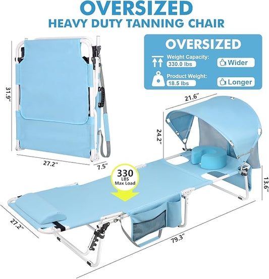 Oversized Extra Wide Tanning Chair with Sun Canopy Face Hole Padded Adjustable Washable, Heavy Duty Layout Folding Lounge Chair for Outside Beach Reading Sunbathing, UPF 50+, XL, Plus Size, 330 LBS