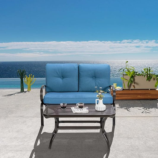 DORTALA 2-Piece Patio Furniture Set, Outdoor Indoor Loveseat and Coffee Table Set, Outdoor Sofa Metal Garden Bench with Soft Cushions, for Balcony, Lawn,Porch, Poolside, Navy