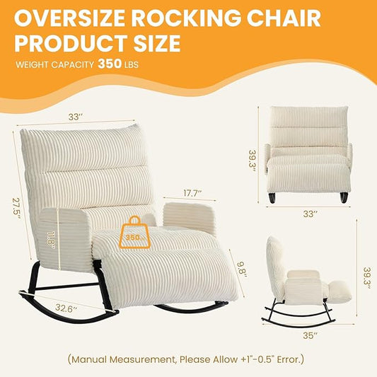 Oversized Rocking Chair with Adjustable Backrest and Footrest, Outdoor Reading Chair - Chaise Lounge Chair Indoor, Comfy Corduroy Rocking Chair for Patio, Porch, Balcony, Living Room