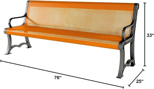 COATEDOUTDOORFURNITURE Heavy-Duty Outdoor Bench Thermoplastic Coated, Punched Steel, Commercial-Grade Garden Bench, Made in America (Portable with Back, 6 Ft, Textured Orange)
