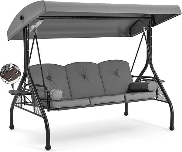HOMREST 3 Seat Outdoor Porch Swing with 1.5" Deep Cup Holder, Adjustable Canopy,Patio Swing Bed with Stand, Patio Glider Swing with Thicken Cushions, Pillow(Grey)