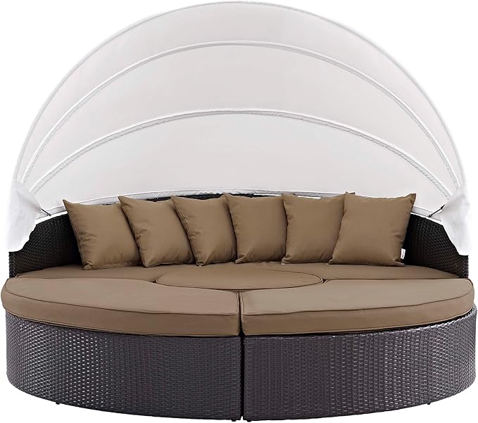Modway Convene Wicker Rattan Outdoor Patio Retractable Canopy Round Poolside Sectional Sofa Daybed with Cushions in Espresso Mocha
