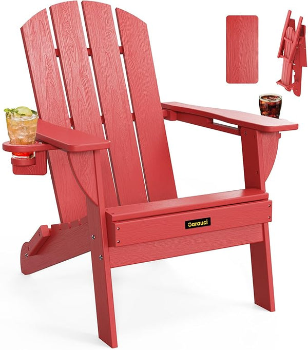 Folding Adirondack Chair, Wooden Textured Plastic Adirondack Chairs with 2 Cup Holder - Photo 1