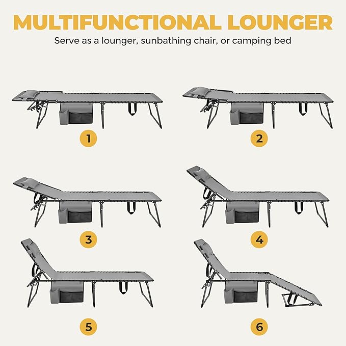 Yaheetech 26.4" Outdoor Folding Tanning Chair, Chaise Lounge Chairs with 5 Back Position Adjustable, Extended Portable Lounger for Beach, Patio, Gray