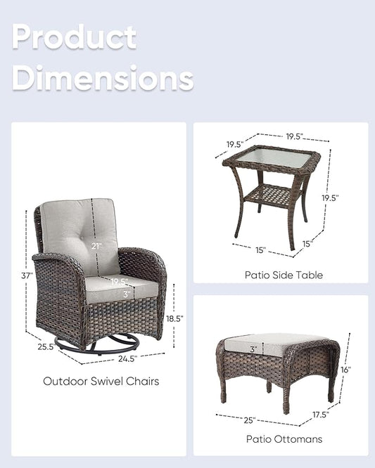 5 Pieces Outdoor Wicker Patio Furniture Set-High Back Outdoor Rocking Chairs Set of 2 with Ottoman Patio Conversation Sets for Deck Lawn Porch Balcony Poolside-Brown/Beige