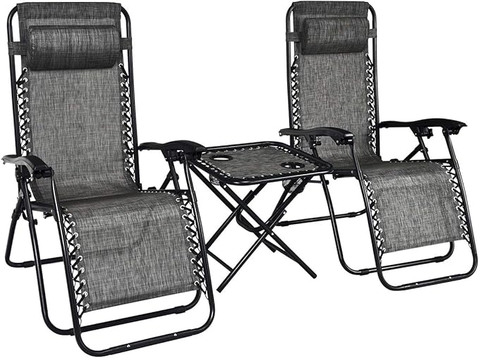 Giantex 3 PCS Zero Gravity Chair Patio Chaise Lounge Chairs Outdoor Yard Pool Recliner Folding Lounge Table Chair Set (Gray)