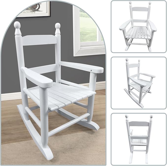 Toddler Rocking Chair for Kids Age 2-5, Hardwood Porch Rocker with Back Support & Armrest for Small Spaces Living Room Outdoor Garden, Easy Assembly (White)